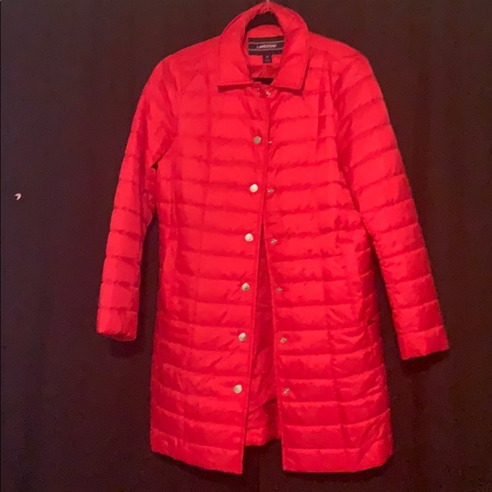 Woman’s long red jacket
